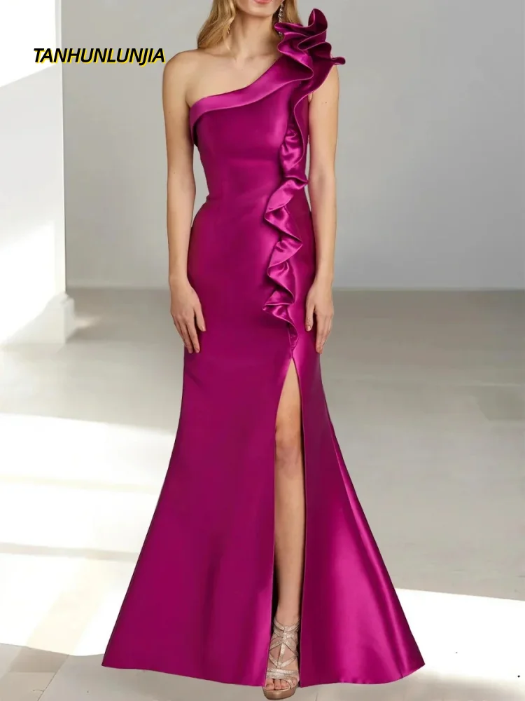 

Royal Blue Evening Dresses One Shoulder Sleeveless Satin Mother of Bride Dresses Sexy Side Split Celebrity Wedding Guest Gowns