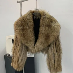 100% Natural Raccoon Fur Jacket Coats Women Fashionable Large Lapel Collar Female High Waist Short  Real Fur Warm Coat 2024 New