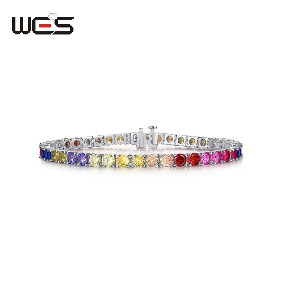 

WES 925 Sterling Silver CZ Bracelet for Women Rainbow Crystal Cubic Zicron 4*4mm Anniversary Engagement Gift Fine Jewelry