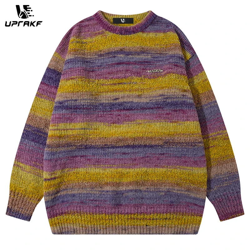 

UPRAKF Striped Contrast Color Sweater Lapel Knit Autumn Loose All-Match Pullover Winter Tops