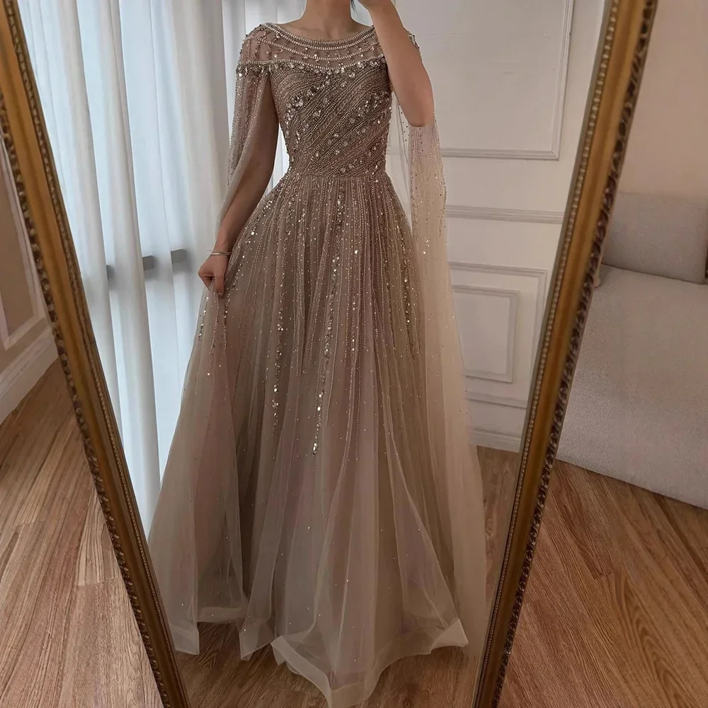 

Роскошное вечернее платье карамельного цвета на заказ с шалью и длинным рукавом, расшитое бисером вечернее платье трапециевидной формы, расшитое бисером, жемчугом и кристаллами