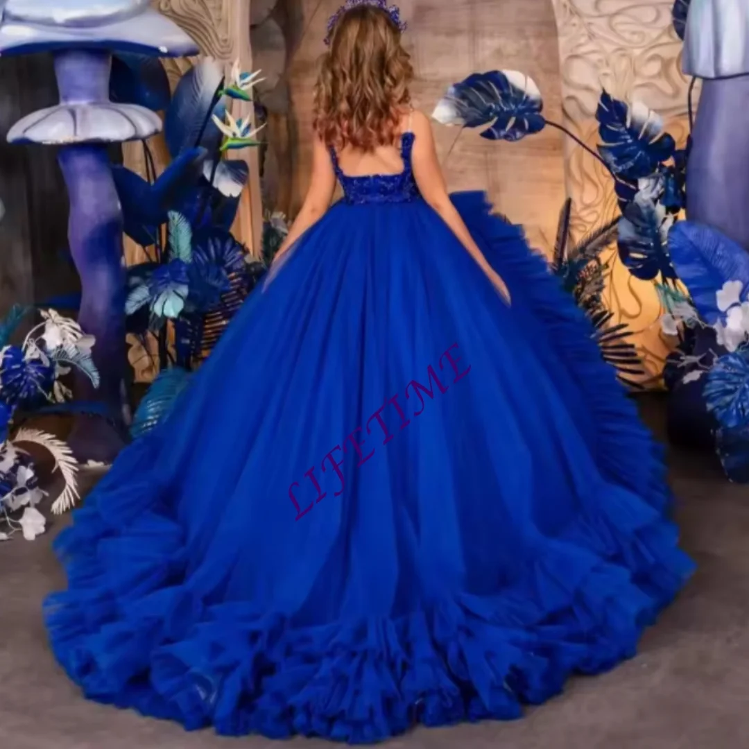 ロイヤルブルーフラワーガールドレスボールガウンフリルビーズプリンセスベビーリトルガールの誕生日パーティードレスカスタマイズ