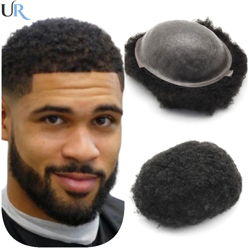 Afro Curly Toupee For Men Durable Full Skin Hair Systems Unit for Black Men PU Male Hair Prosthesis Wigs For Men Human Hair