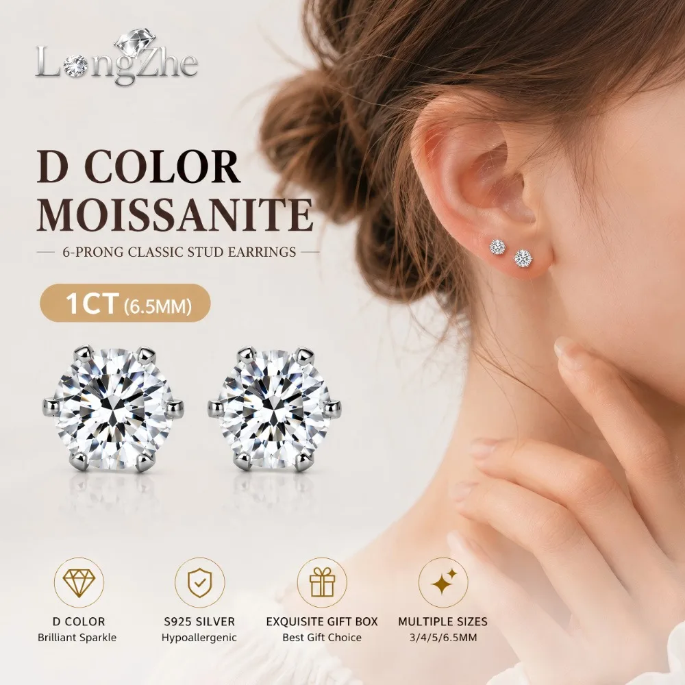 

LongZhe Moissanite Stud Earrings 1CT D Color S925 Sterling Silver 6 Prong Diamond Earrings for Women Wedding Gift GRA Certified