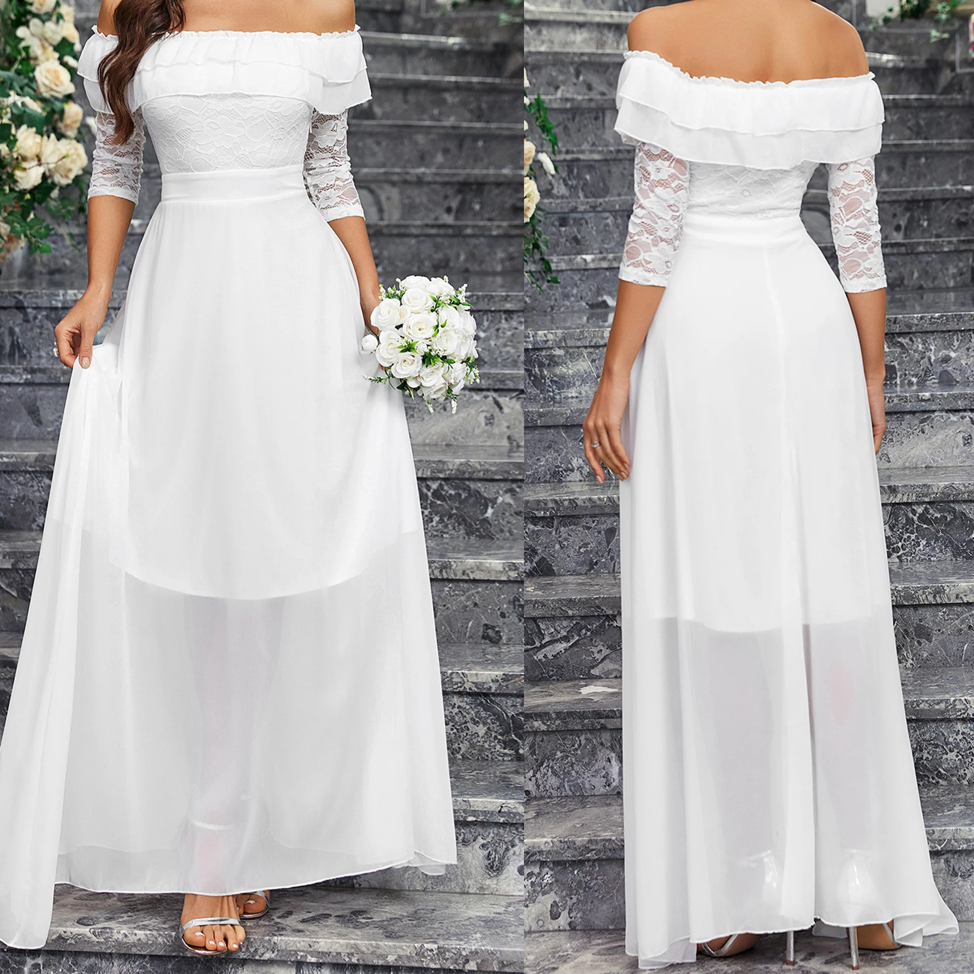 

Women's white sexy card shoulder elegant lace mid sleeve thin gauze bohemian slim fit garden wedding bridesmaid party evening dr