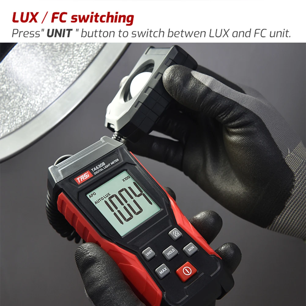 TASI Digital Light Meter Illuminance Lux Meter Record LCD 0~200,000 Measurement Range Flexible Sensor Light Tester TA630A/TA630B