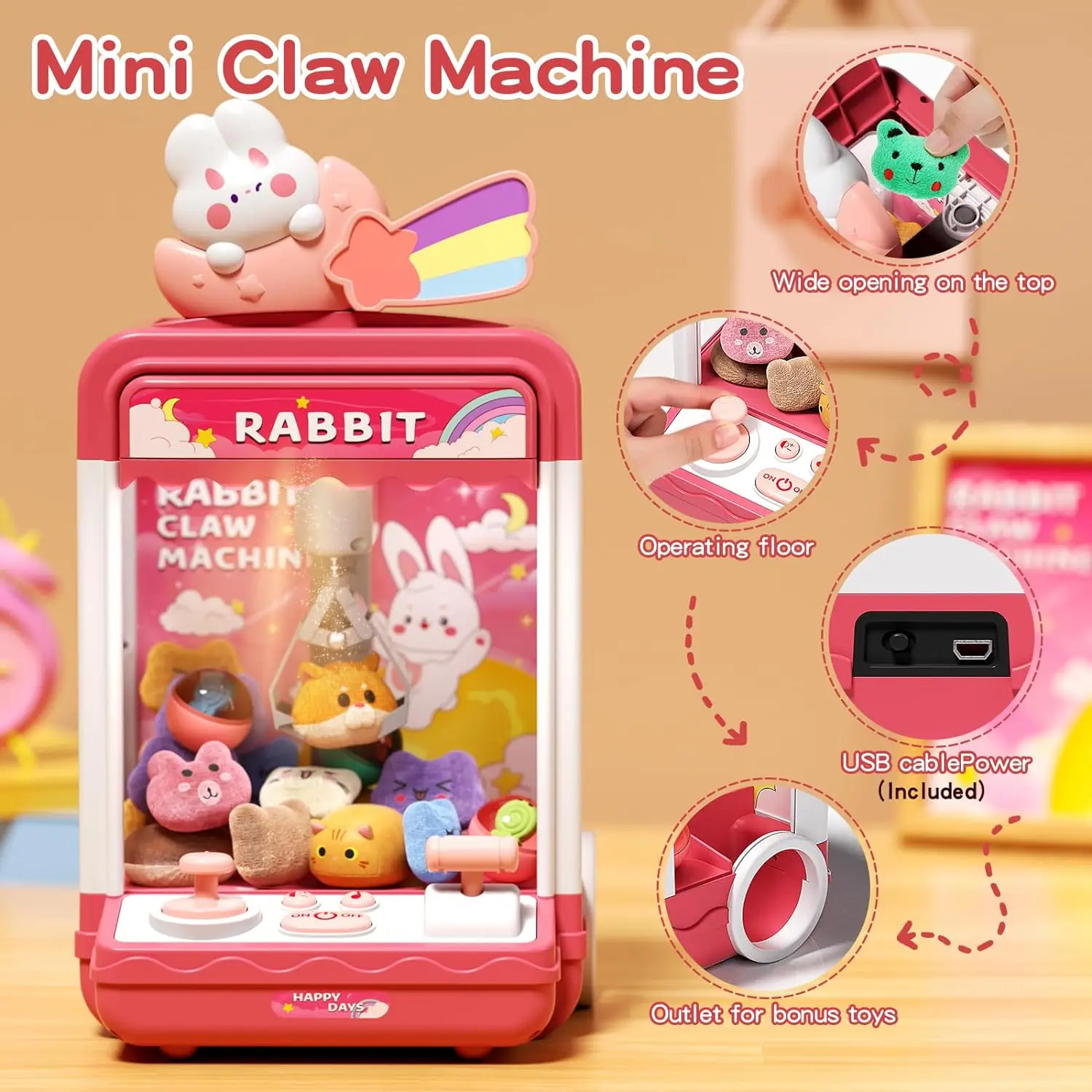 Mini Small Cute Rabbit Kids Toy Claw Machine Toys Kit Arcade Games Tiny Stuff Prize Dispenser Cool Toys for Kids Girls Boys