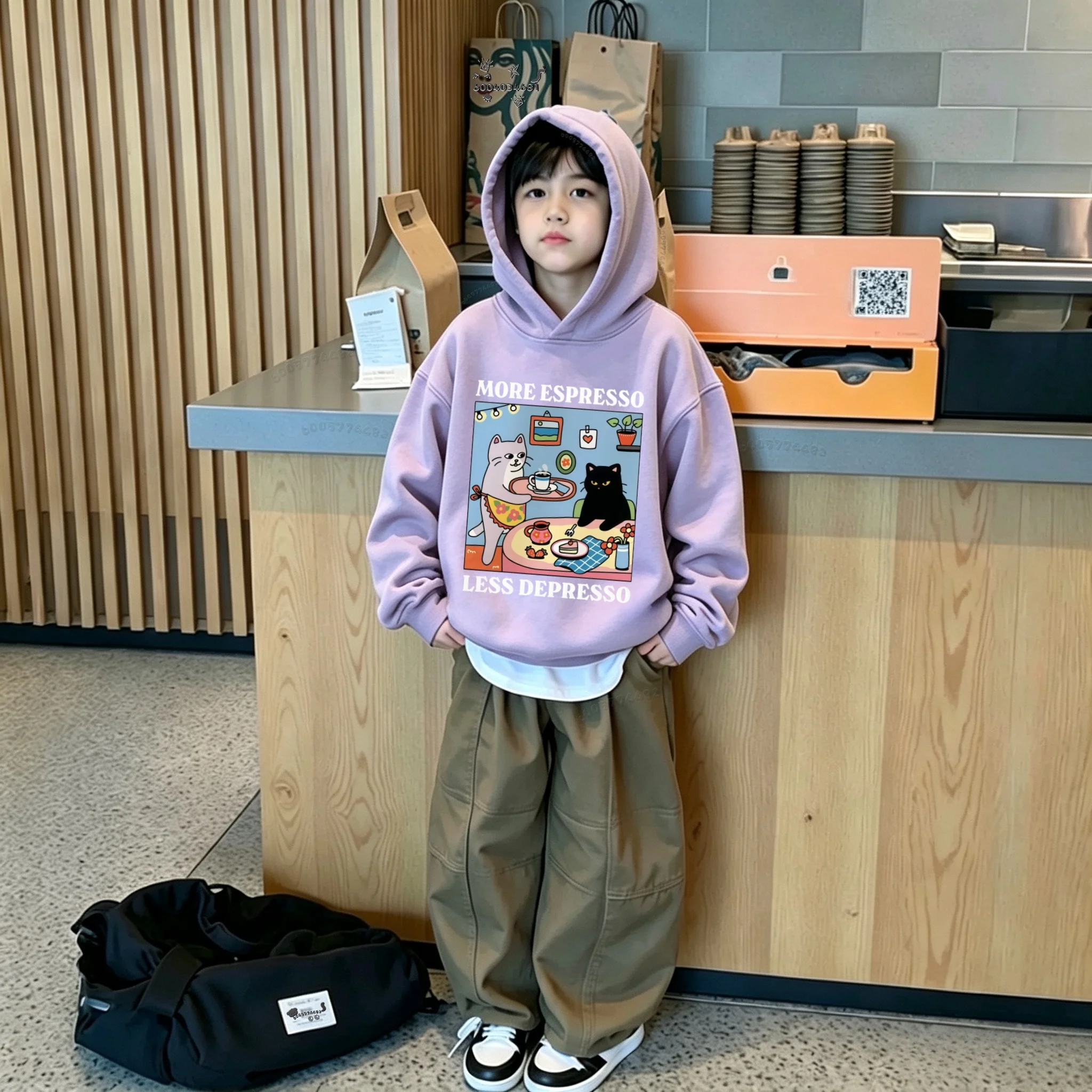 Y2K Kids Hoodie Sweatshirt Autumn Winter Cute Cartoon Cats Drinking Coffee Graphic Print Casual Loose Long Sleeve Tops