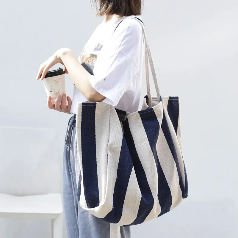 Striped Big Canvas Tote Bag for Women Summer Beach Classical Fabric Soft Large Handbag 2024 Female Large Casual Top-handle Bag