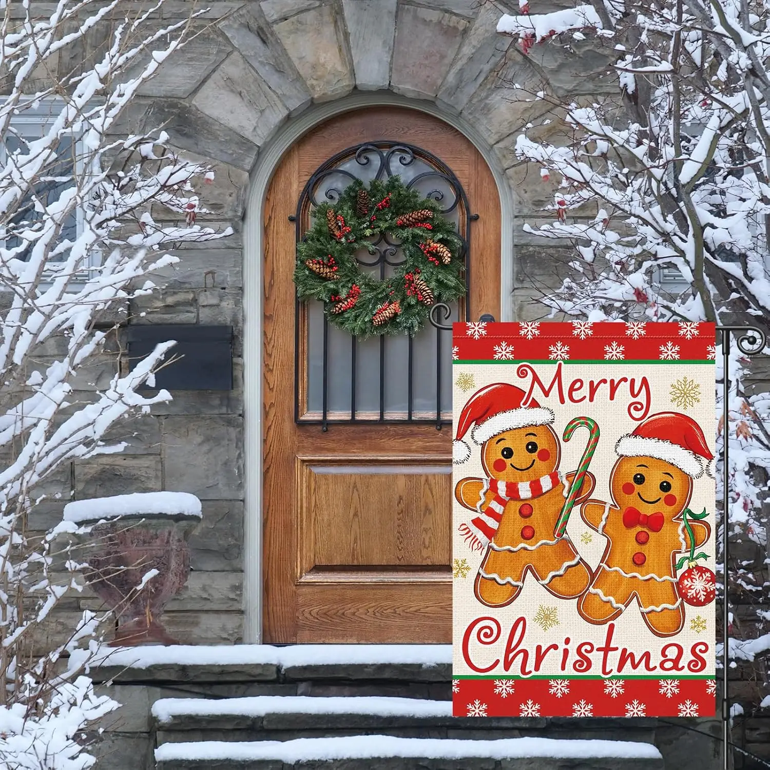Merry Christmas Garden Flag Gingerbread Man Xmas Candy Cane 12x18 Inch Double Sided Winter Holiday Snowflake Seasonal