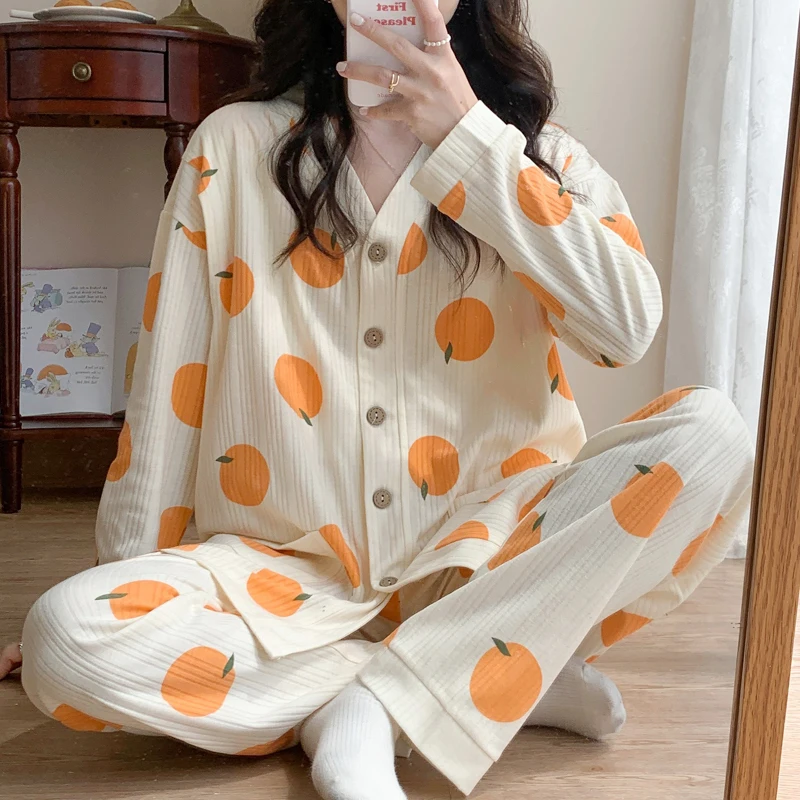 Conjunto de pijamas de maternidad para mujer, ropa de dormir suelta, traje de Casa de manga larga con solapa, Otoño e Invierno