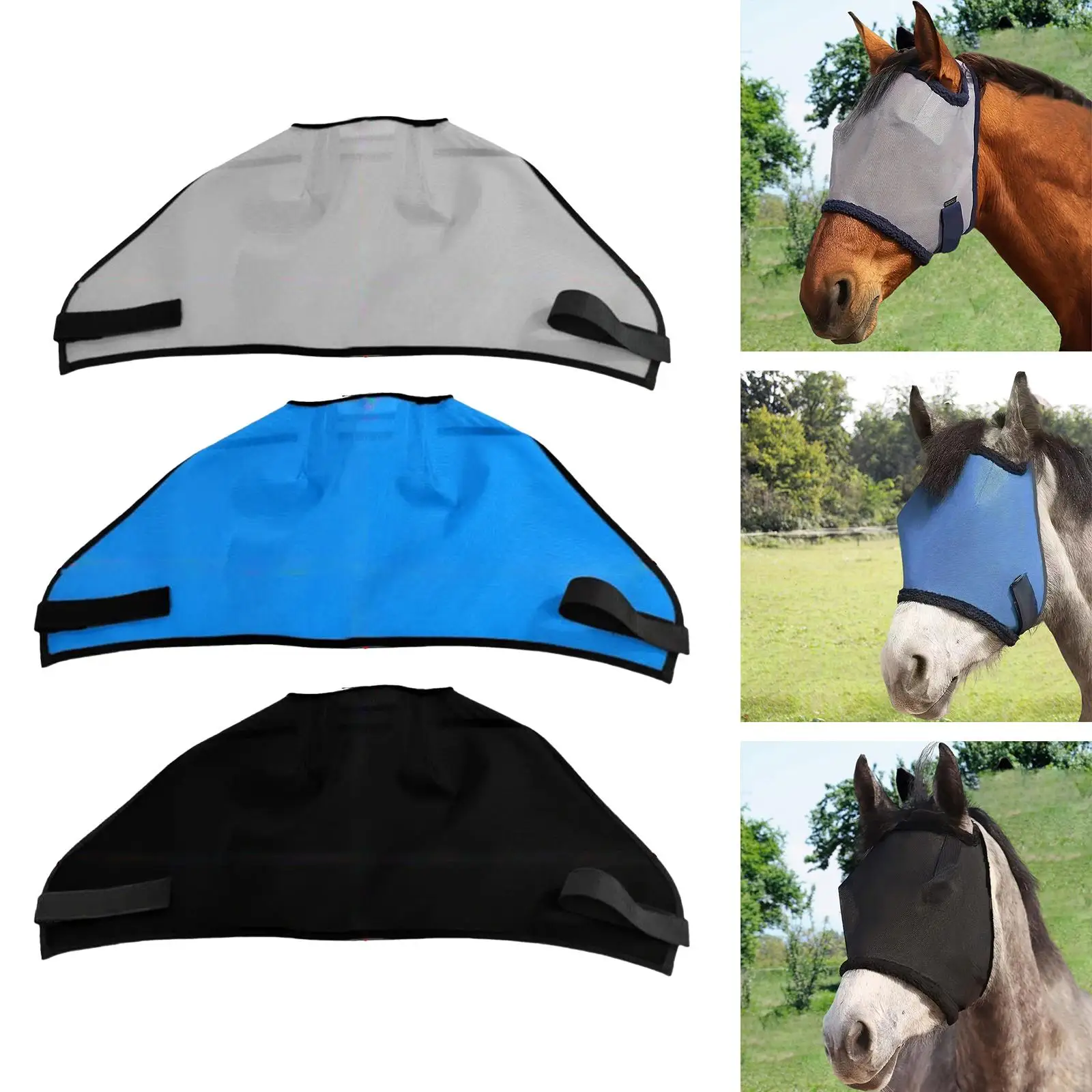 Máscara para moscas de caballo sin orejas, protector facial, velo protector reutilizable y cómodo para entrenamiento de equitación de sendero de folla en miniatura