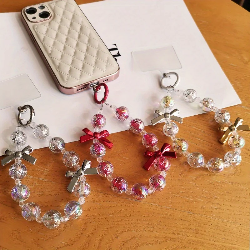 [Anti-Loss] Sparkling Beaded Phone Lanyard| Stylish Anti-Loss Mobile Accessory| Crystal-Like Beads & Metallic Bow| Pink, Red, and Clear Colors