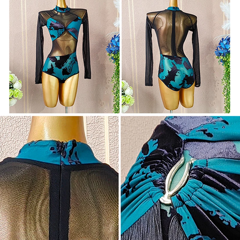 2025 novas roupas de competição de dança latina mulheres malha sem costas topos borlas saias adulto prática roupa vestido de dança latina dn19595