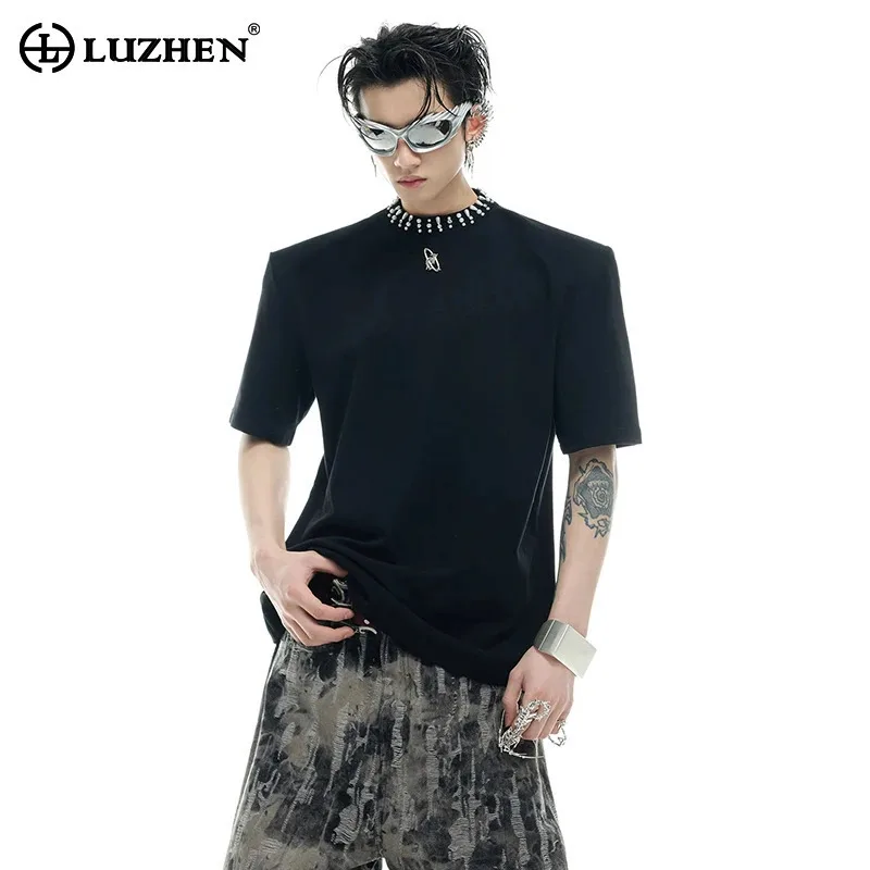 

LUZHEN 2025 Summer Pearl Patchwork Decorate Slim Short Sleeve T-shirts Men's Trendy Solid Color Handsome Casual Male Tops JY1442