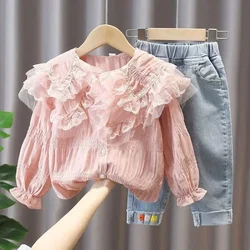 Girls Spring Autumn Clothes Suit  New Children's Girl Baby  Fashion Lace Shirt + Jeans Denim Pants  Clothing Set