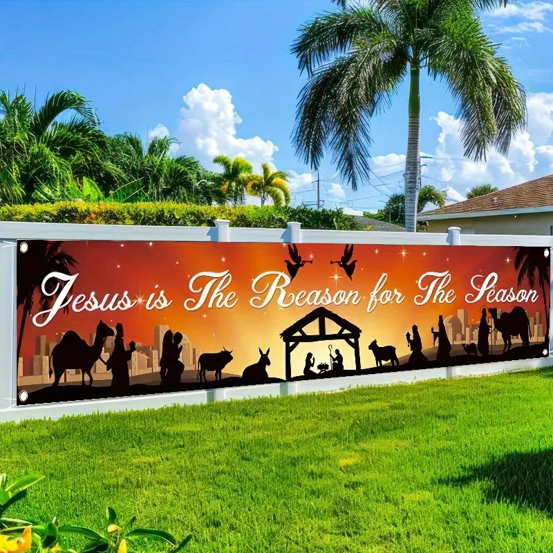 1 pancarta de escena de nacimiento de Navidad: decoración de valla exterior/interior "Jesus es la razón de esta temporada"