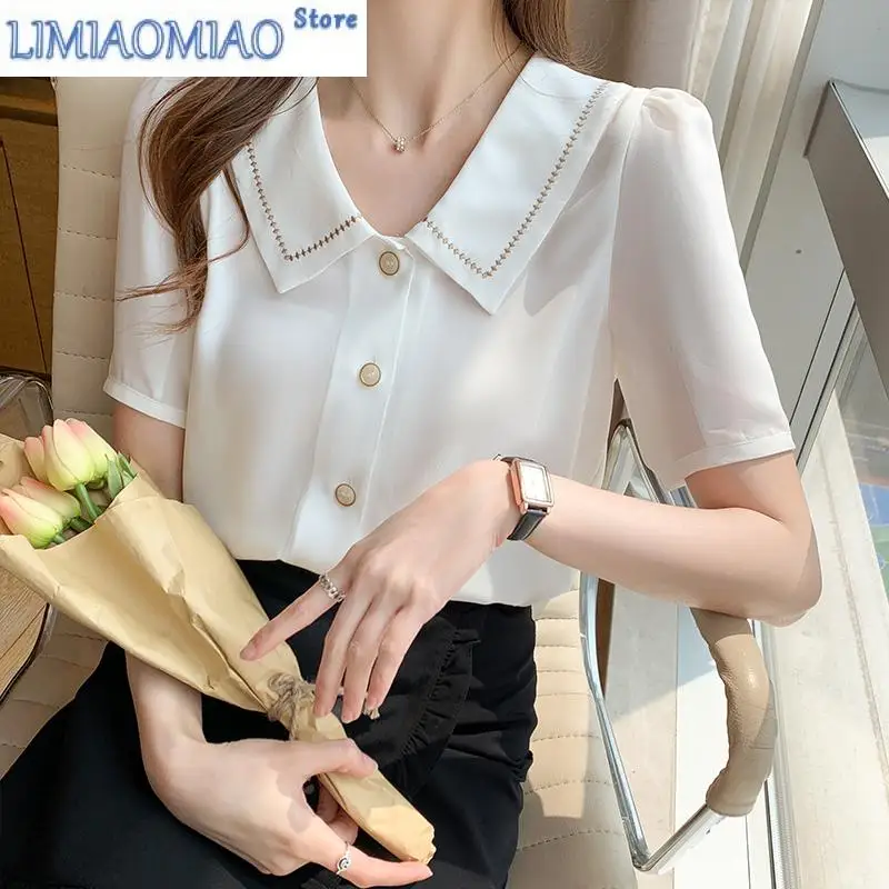 

Spring Summer Elagant Chiffon Women's Blouse New Short Sleeve Turn-down Collar Korean Casual Loose Office Lady Shirt Female