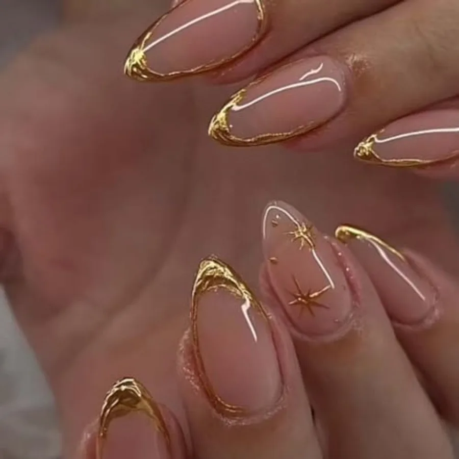 

Press on Nails Almond Fake Nails with Gold Line Design Glue on Nails Acrylic Nails Glossy Full Cover Stick on Nails for Women 2