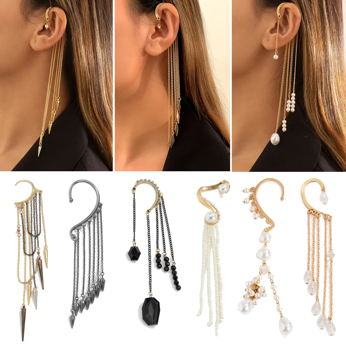 Fashion Imitation Pearl Bead Clip Earrings Gold Cable Chain Tassel Clip Earrings for Women Beach Vacation Seaside Party Jewelry