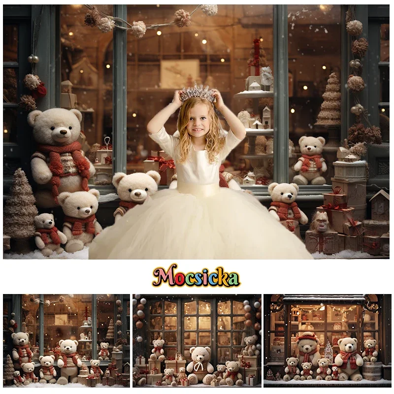 Mocsicka ฉากหลังสำหรับถ่ายภาพในฤดูหนาว, หน้าต่างคริสต์มาสร้านซานต้ารูปหมีสำหรับเด็กครอบครัวปาร์ตี้ฉากหลังสตูดิโอถ่ายภาพ