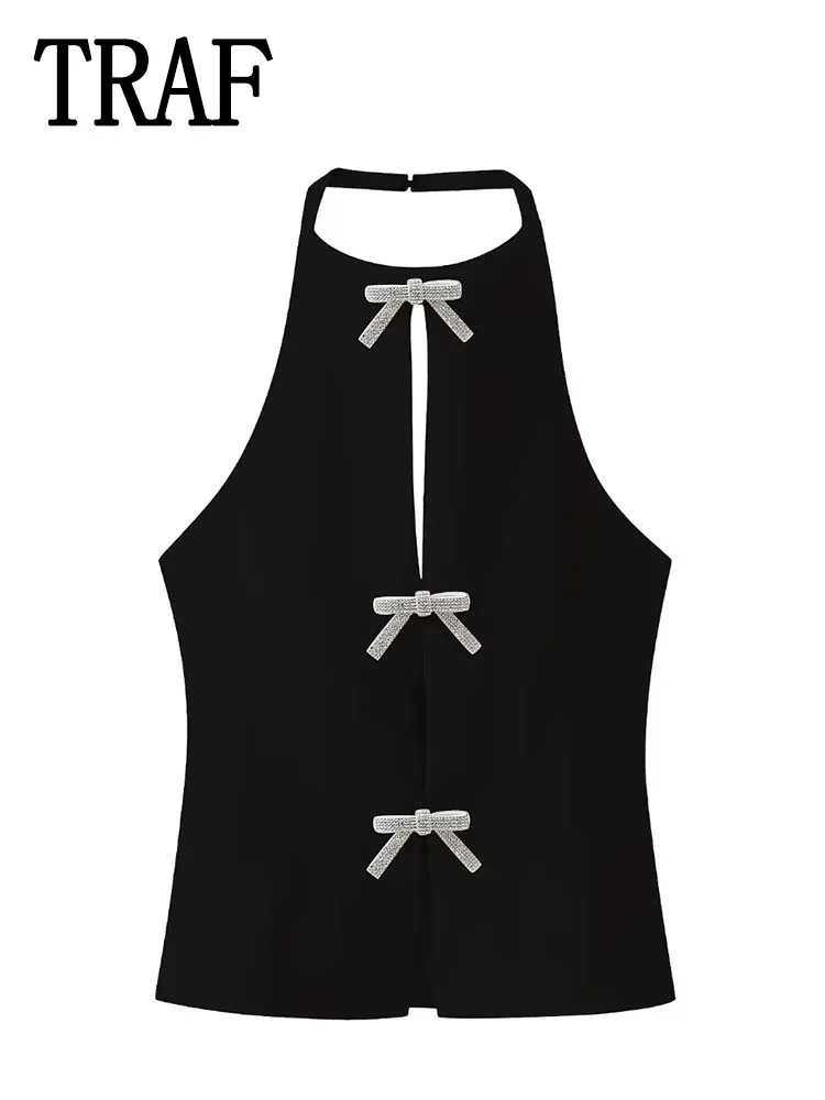 TRAF Summer Top Female Jewelry Bow Decoration Hanging Neck Collar Sleeveless Top 2024 Women\'s Pretty Sling Top