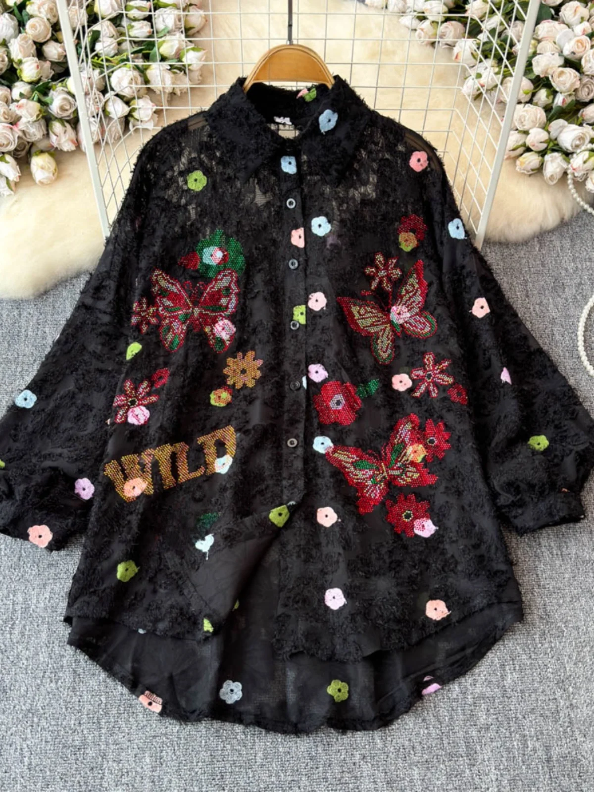 

Faionable Heavy-Du Rhinestone Velvet Planting Loose Long Sve irt Versatile Korean Sle Commute Wind irt