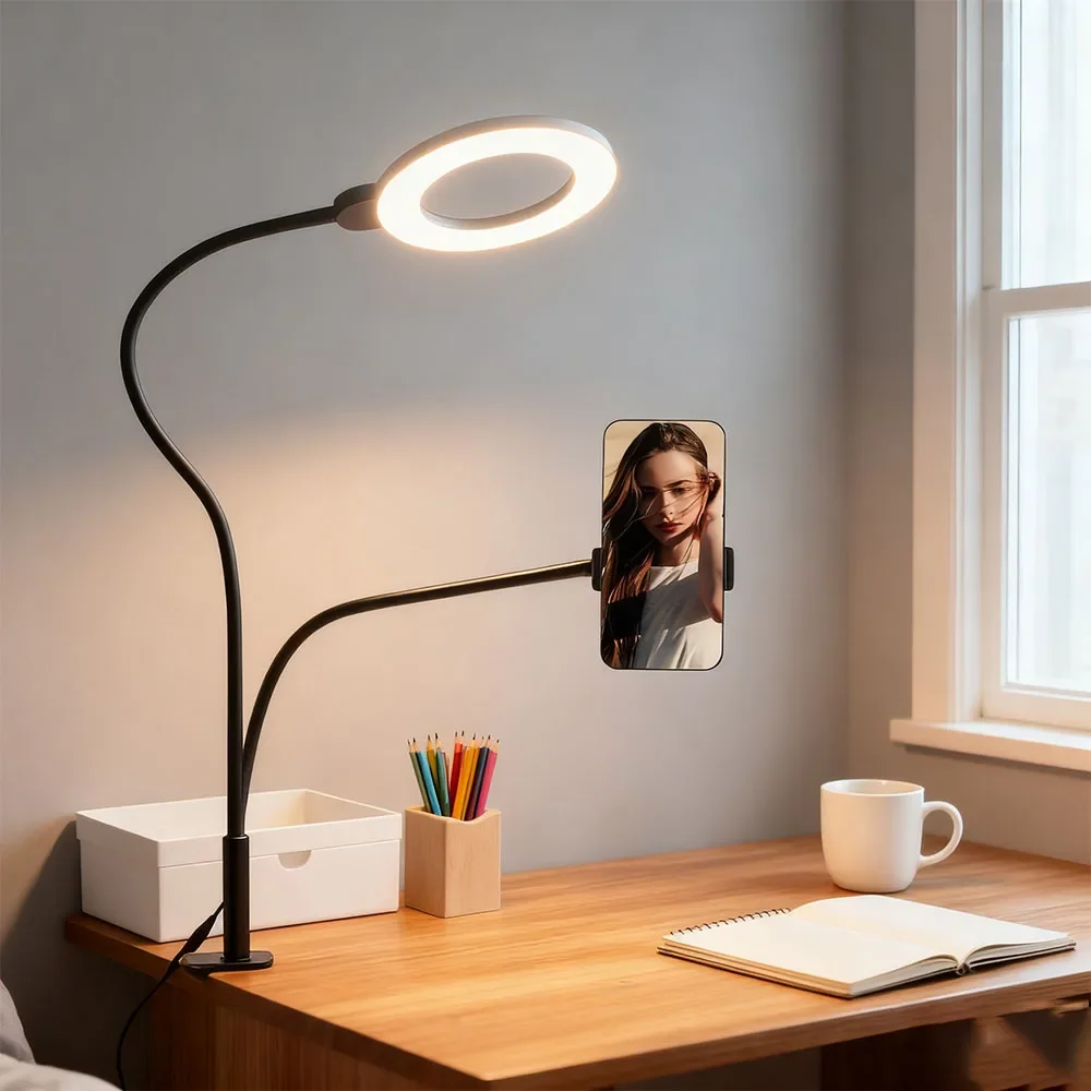 Universal with Selfie Ring Light Office Lazy Bracket Desk Lamp Flexible Mobile Phone Holder LED Light for Live Stream Fill light