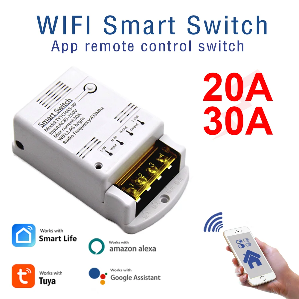 Tuya Wifi  30A Relay Module  AC DC 7-32V 85-250V Smart Switch 20A RF Controller Work with Alexa Google Home