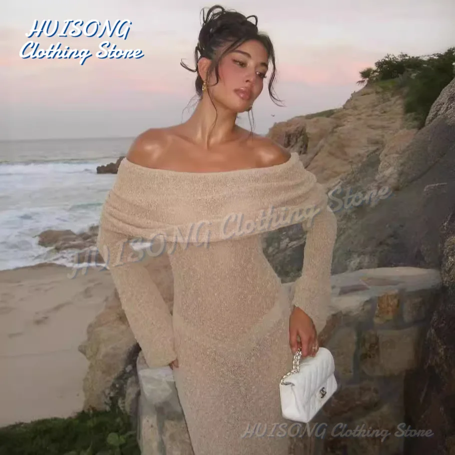 

Sexy Knit Long Dress for Women, Off Shoulder Bodycon, Hollow Out Crochet Sundress, Elegant Wedding Guest Dresses, Beach Outfits