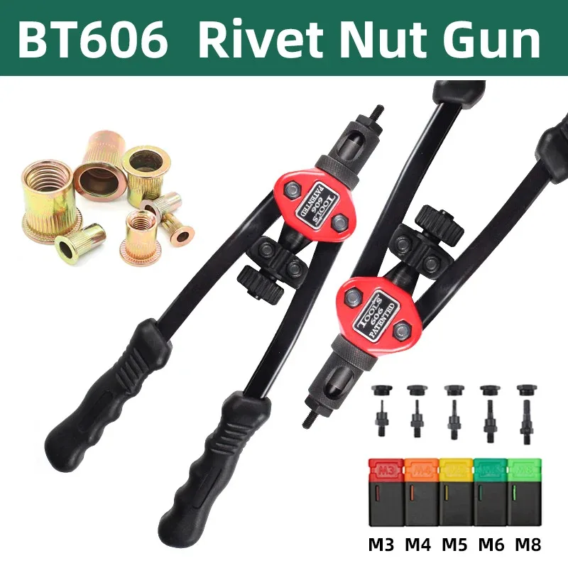 BT-606 Riveter Gun Tool Threaded Hand Rivet Nut Gun M3 M4 M5 M6 M8 Double Insert Manual Double Handle Riveter Tool 200pcs Nuts