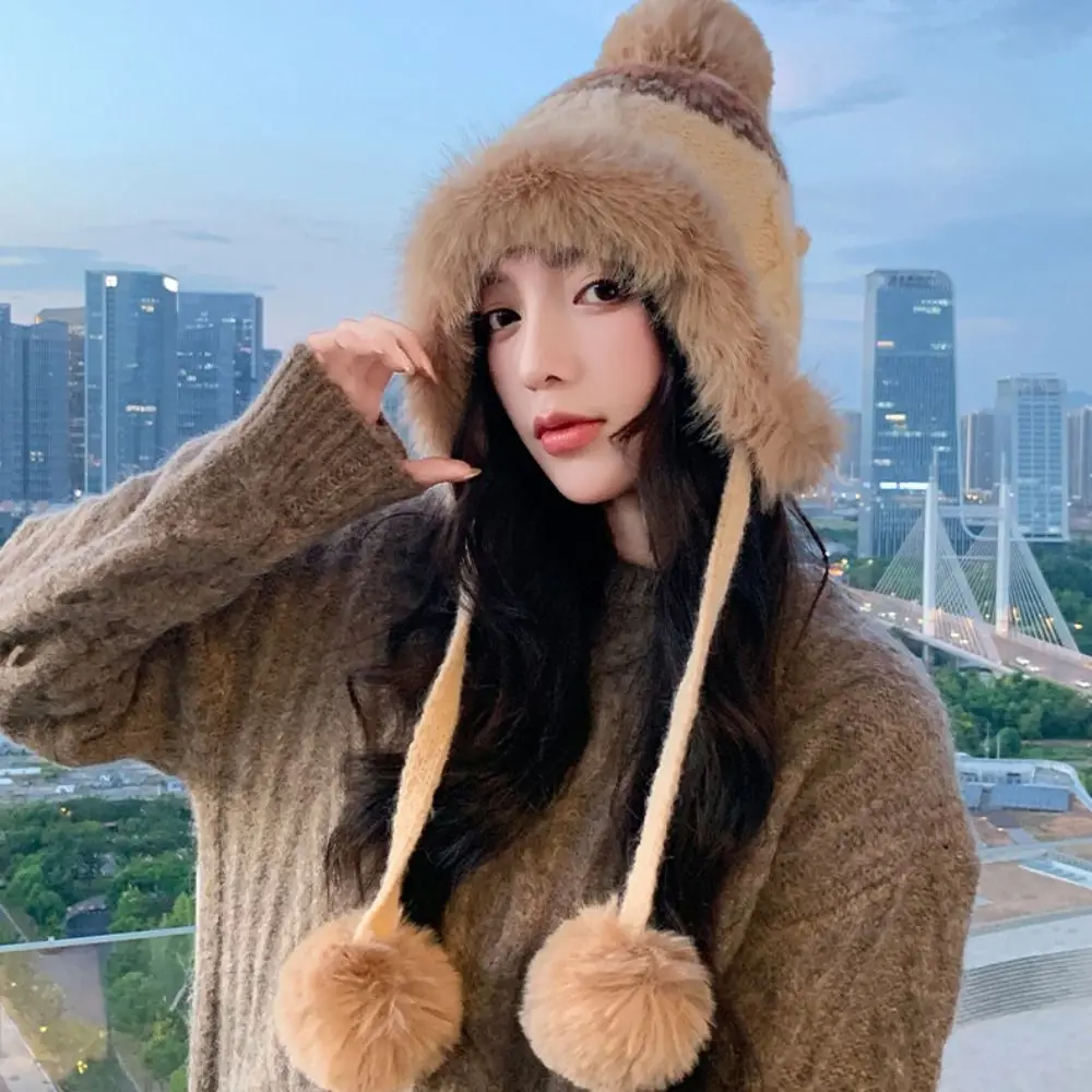 Gorro de punto Jacquard cálido a la moda, gorro con protección para los oídos estampado de estilo étnico, gorro de Lei Feng de lana Vintage para invierno