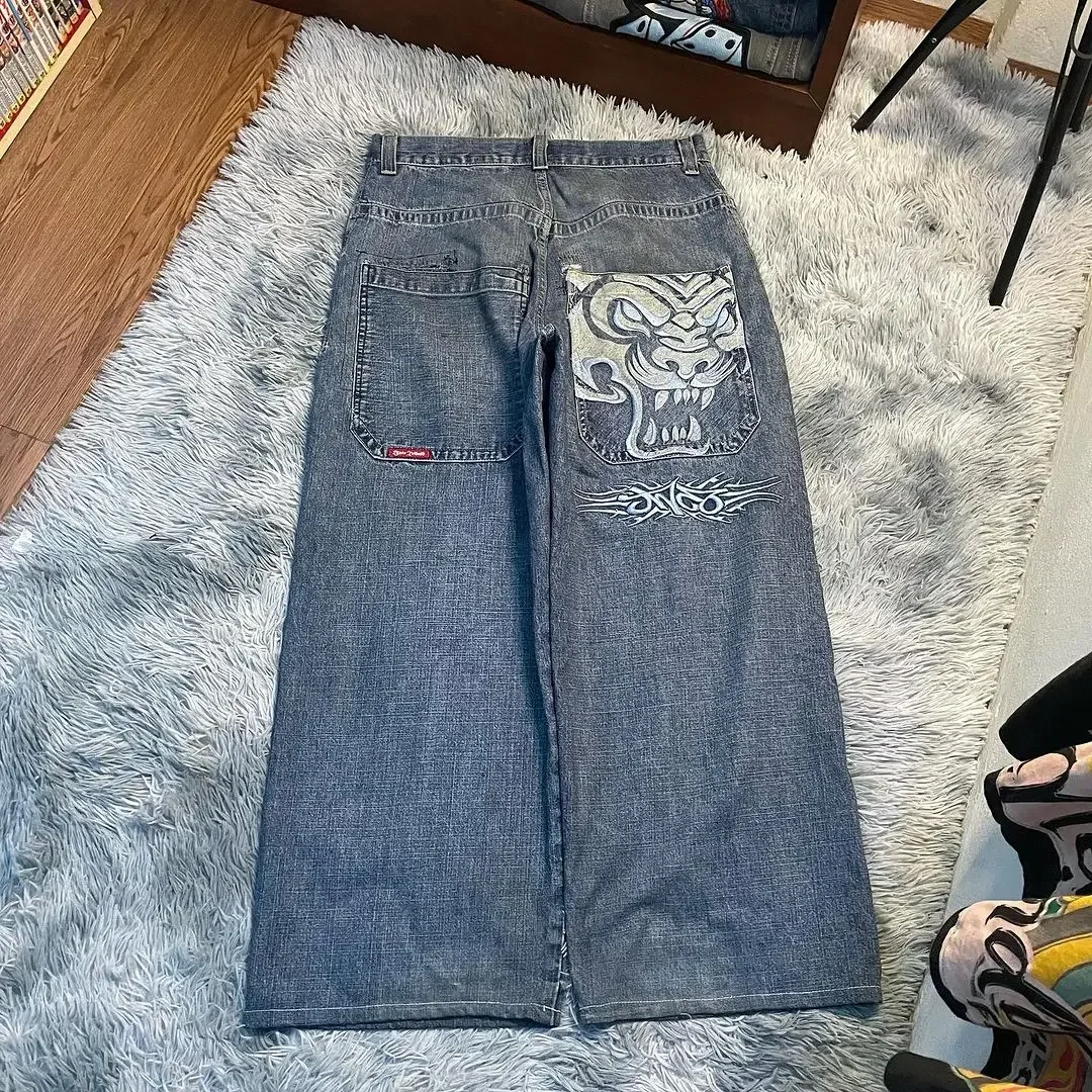 

Street Popular Jnco Tiger Embroidered Jeans Men Y2k New Harajuku Washed Wide Leg Jeans Couple Casual Joker Punk Baggy Jeans Men