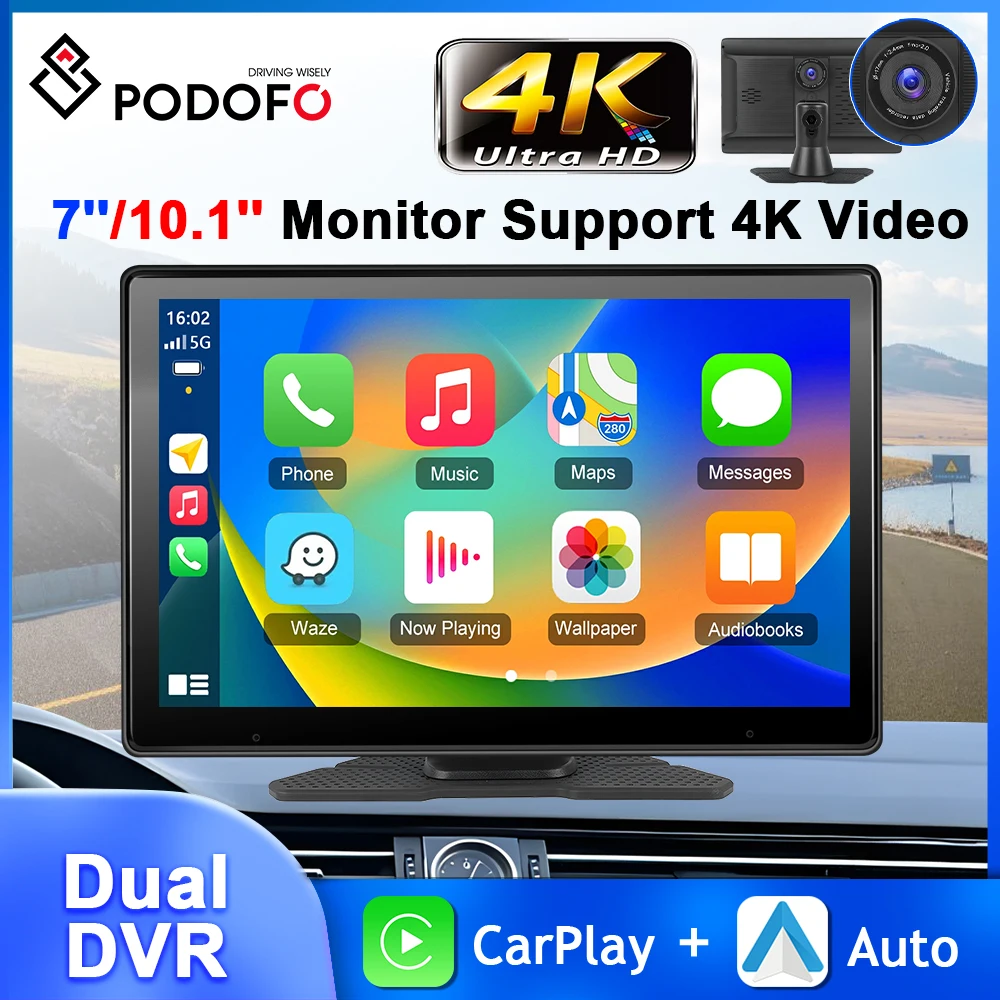 Podofo 7''/10.1'' Car Monitor Dual DVR CarPlay Android Auto Airplay Android Cast WiFi Driving Recorder Dashboard Parking Monitor