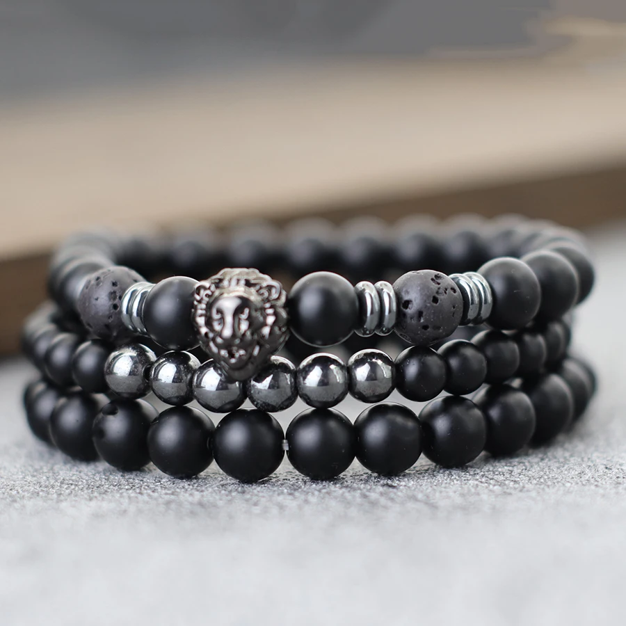 3Pcs/Set Animal Lion Bracelet For Men Black Onyx Stone Beaded Hematite Healing Braslet Pulseria Hombre Cycling Accessories Joias