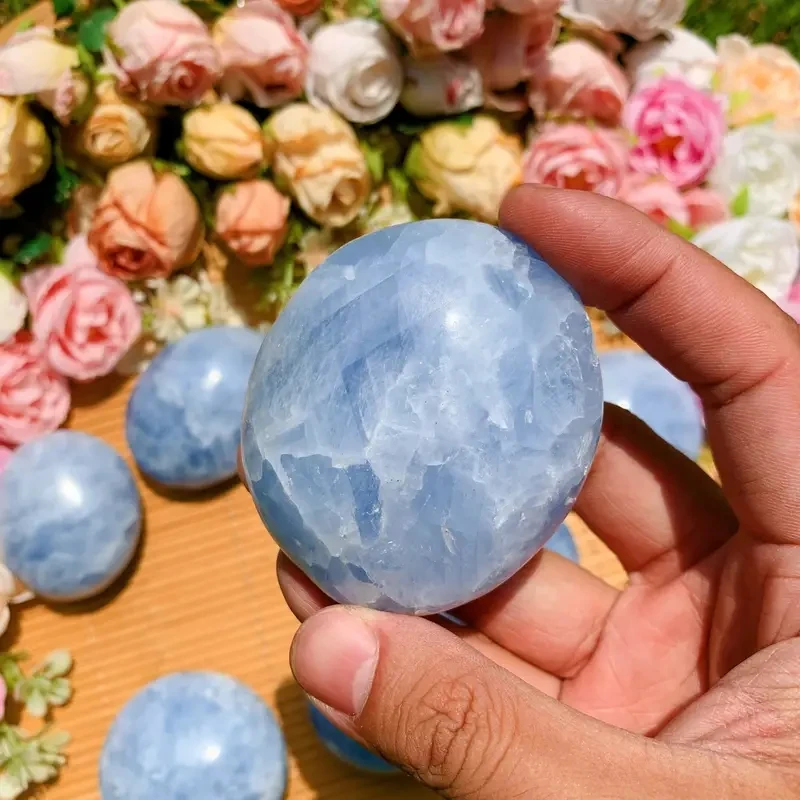 1pc Natural Celestite Crystal Palm Stone, Blue Polished Irregular Shaped Sphere, Pocket Stone For Meditation And Decoration