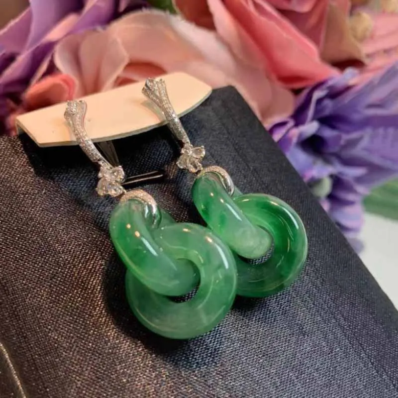

New silver inlaid crystal natural Hetian jasper fresh Interlocking earrings for women elegant retro style wedding jewelry