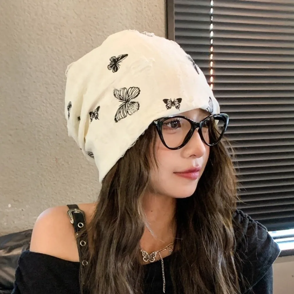 

Fashion Holes Butterfly Print Beanies Thickened Korean Style Fleece Beanies High Quality Warm Pullover Hat Keep Warm