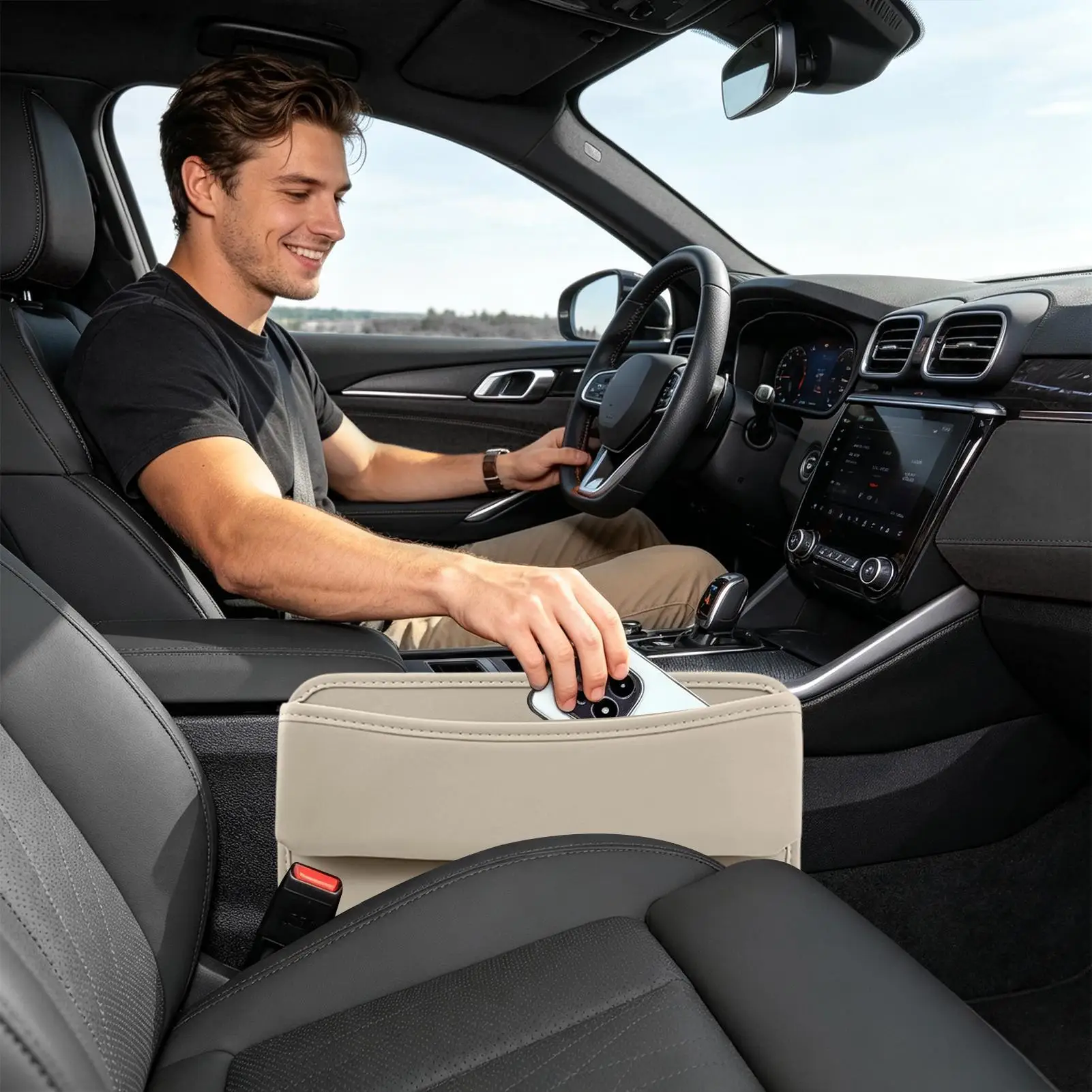 In Between Car Seat Catcher Soft PU Leather Multifunctional Storage Box Car Pockets Between Seats Gap For Cards Glasses Keys RV