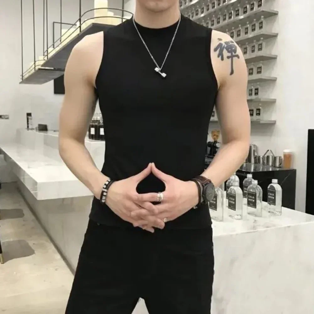 Summer Vest Men\'s Trend Tight Stand Collar Sleeveless Sexy T-shirt Top American Slim Fitness Stretch I-word Vest Bottoming Shirt