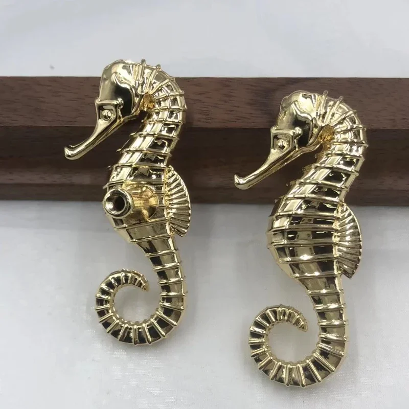 Kenop Kuningan Perlengkapan Furnitur Seri Laut Mediterania, Gagang Kabinet Kuningan Nordik Vintage, Gagang Tarik Kuningan Motif Kuda Laut