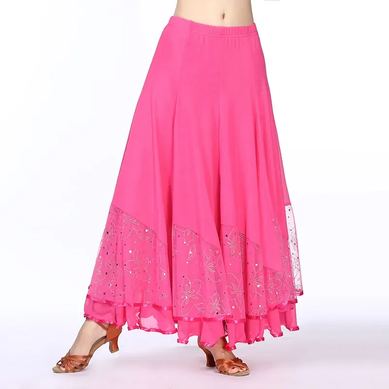 Falda de baile moderna con lentejuelas para mujer, faldas de baile Flamenco, columpio largo, vals estándar, baile de salón español, ropa de escenario de Tango