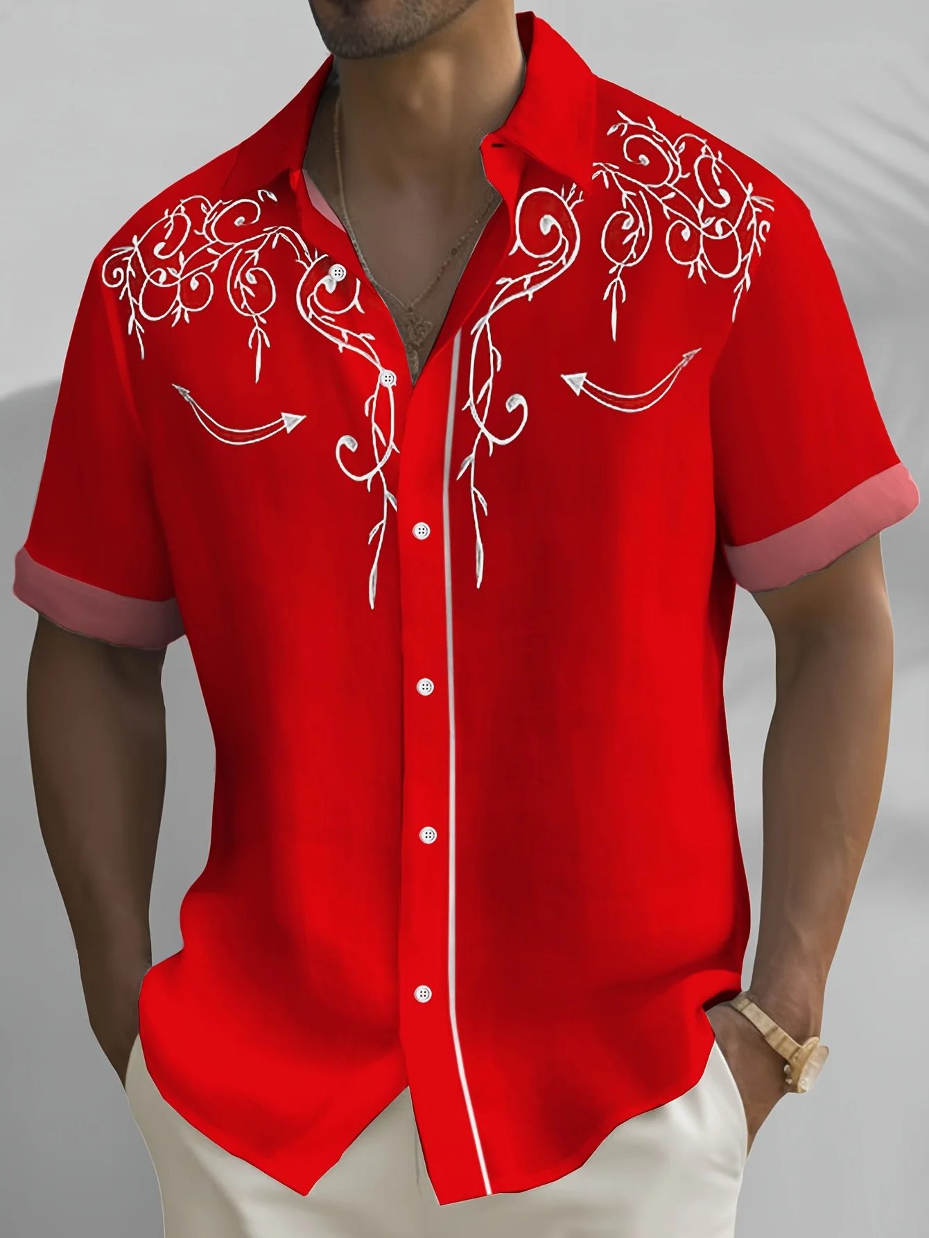 

Men'S Vintage Floral Print Short Sleeve Shirt - Red Polyester, Non-Stretch Fabric, Button-Up with Vintage Western Summer Shirt