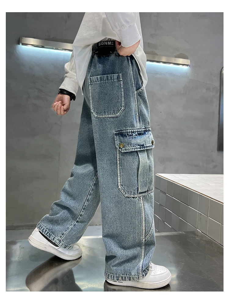 Neue lässige Kinder-Cargo-Jeans mit geradem Bein und Taschen für Teenager-Jungen, modische Street-Denim-Hosen, elegante Hosen für Kinder. – Detail 5