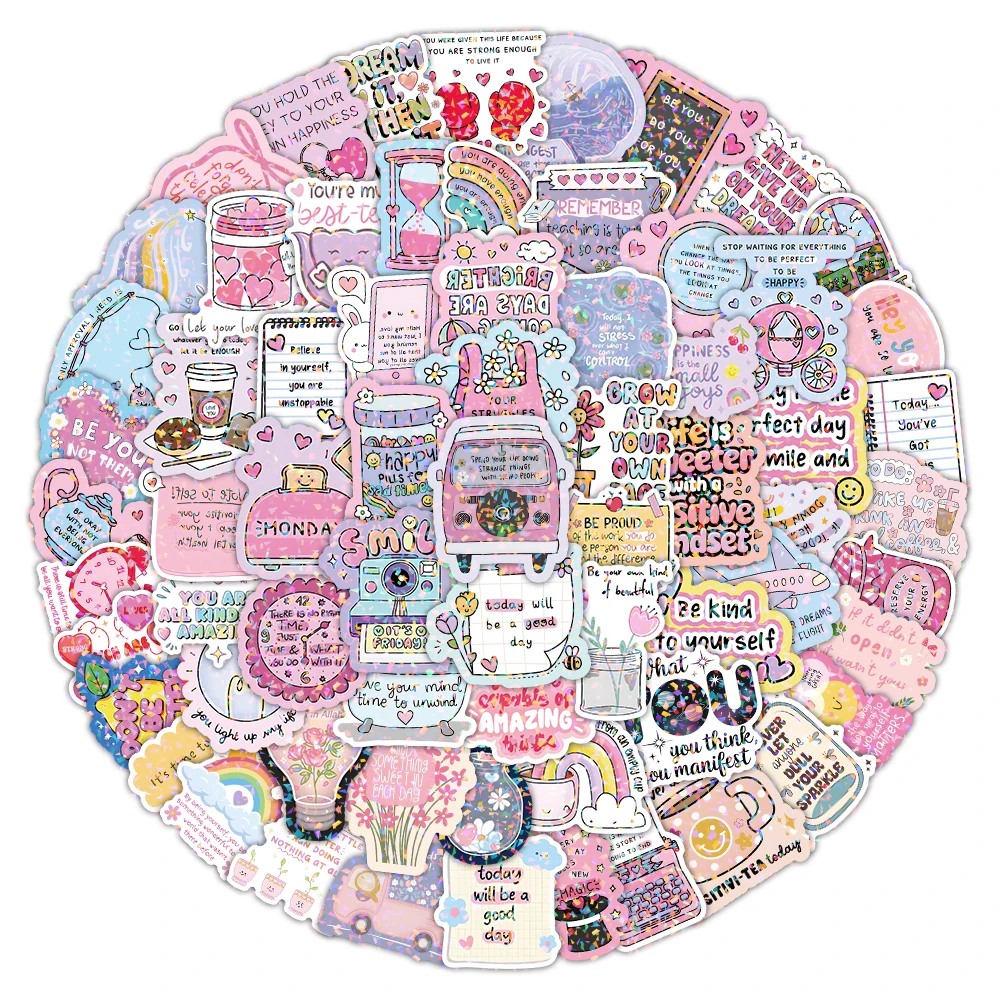 Autocollant de texte inspirant de dessin animé, Film brillant, autocollants esthétiques pour téléphone, ordinateur portable, casque, décoration de voiture, autocollants imperméables, 50/100 pièces