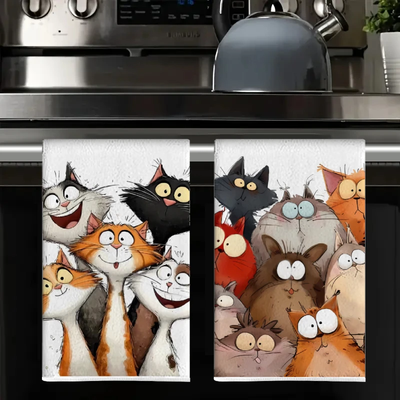 2Pcs, Colorful Cartoon Cat Kitchen Towels, 40Cm*60Cm Towel Set, Super Absorbent Soft Cleaning Cloth, Cooking and Baking Tea Towel, Hand Towel, Cleaning Cloth, Dishwashing Cloth, Kitchen Decoration, Living Room Decoration, Kitchen Essentials, Home Essentials