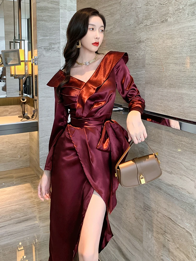 Moda francesa ol vintage cetim manga longa festa clube vestido elegante robe coffee break plissado cinto split vestido feminino