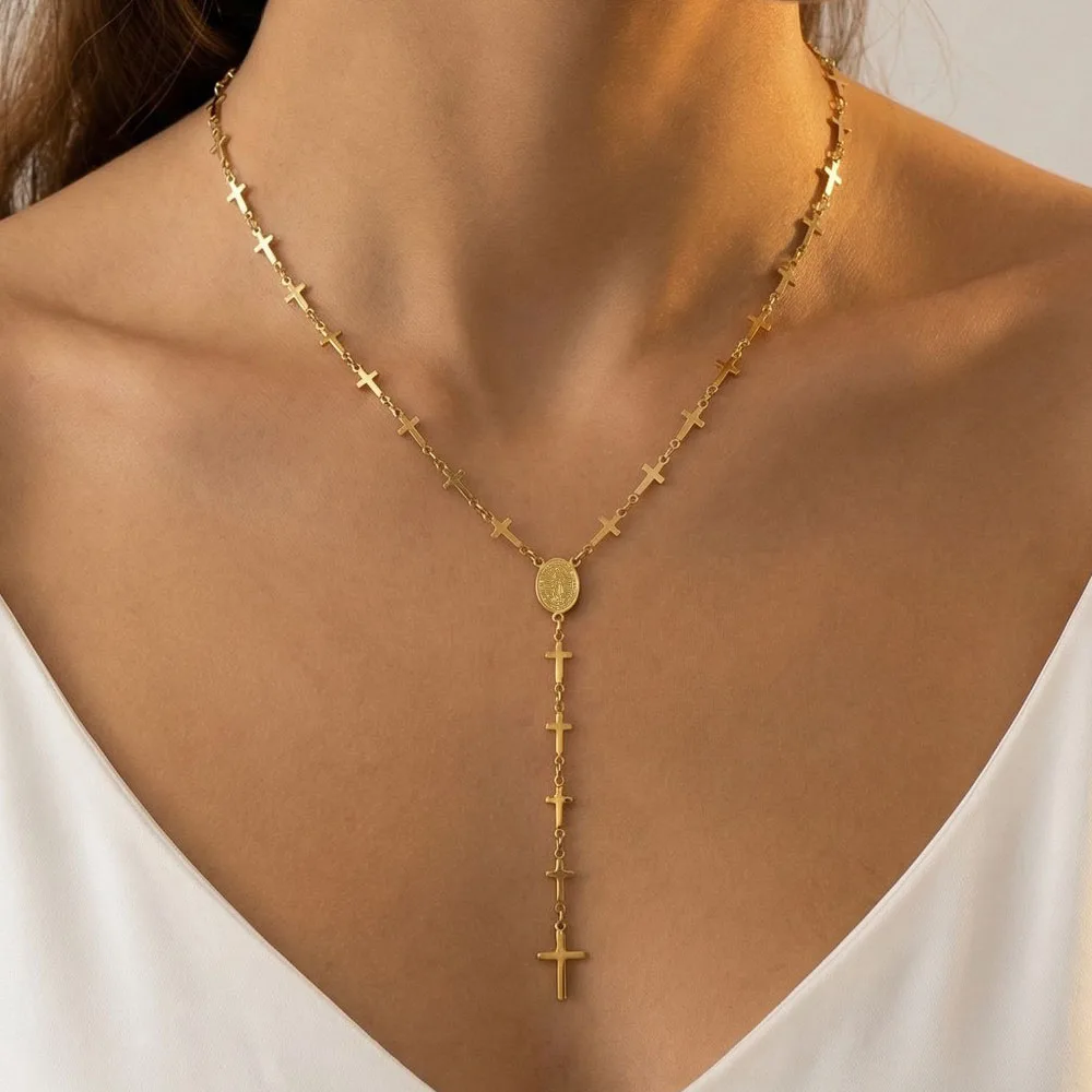 

Y-shaped Rosary Necklace, Stainless Steel Cross Chain, Our Lady of Guadalupe Pendant, Dainty Lariat Religious Jewelry