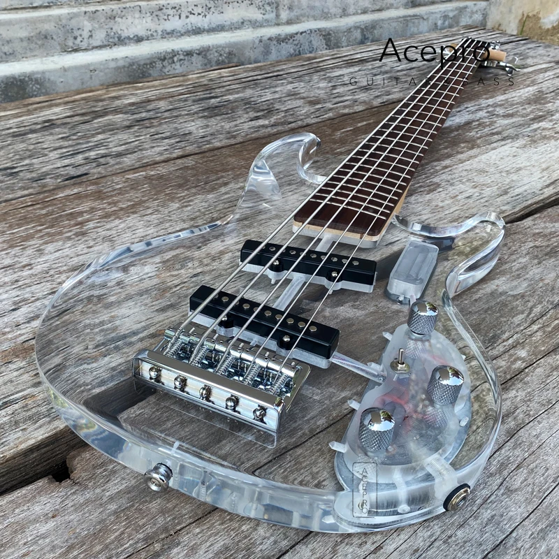 5 String Acrylic Electric Bass Guitar, Maple Neck Rosewood Fingerboard, LED Color Customizable, High Quality, Free Shipping