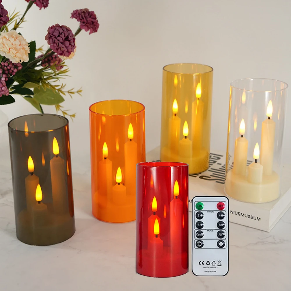 Led Electronic Candle Tea Light LED Candle 3-Wick Flameless Remote Timer Flickering Lamp Acrylic Candles for Christmas Wedding